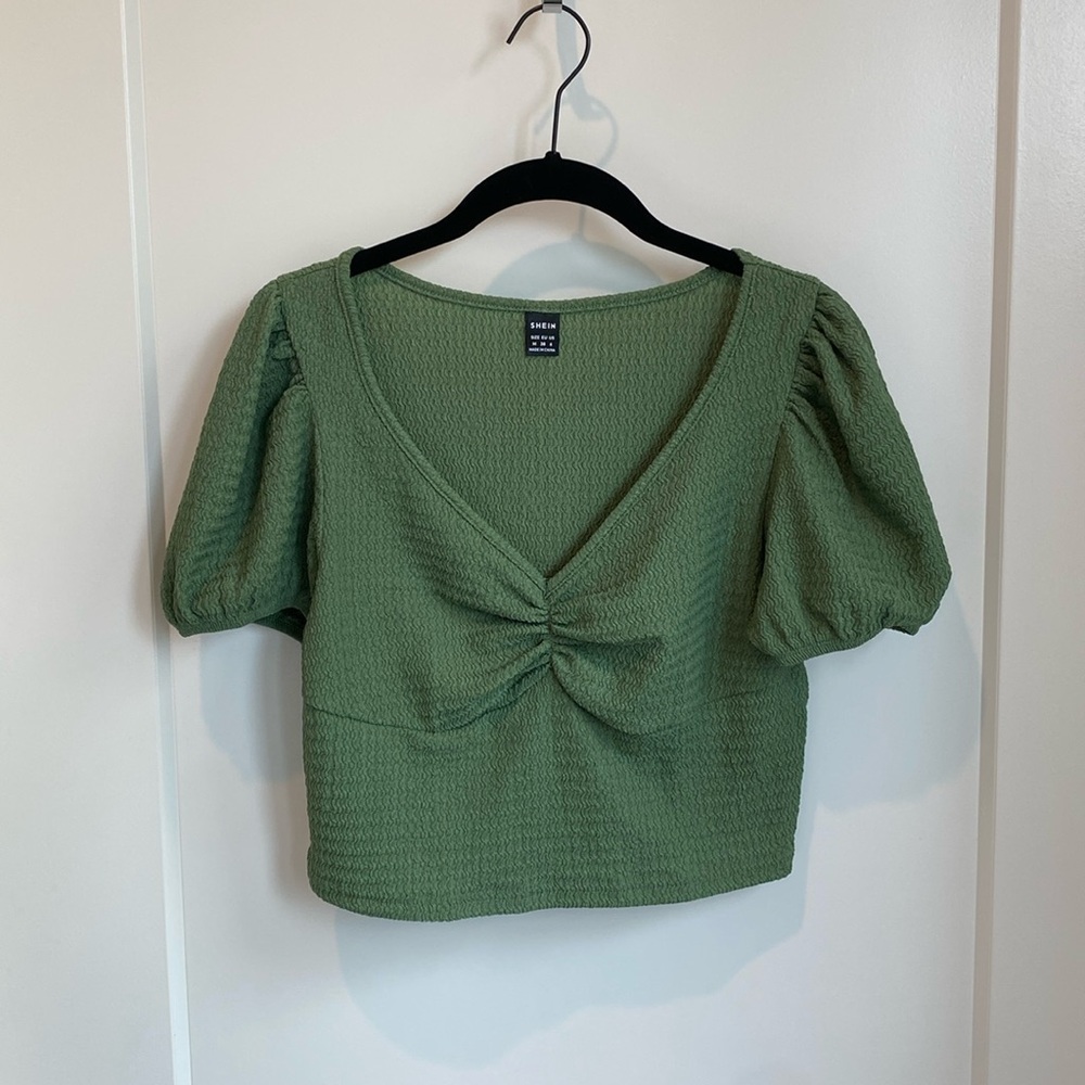 Shein Green V-Neck Puff Sleeve Cropped Top